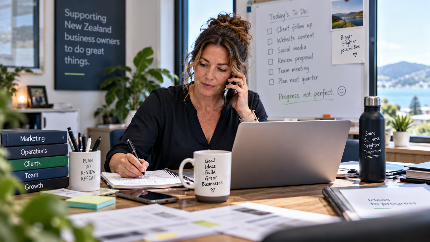 A capable business owner managing competing demands in a bright New Zealand office