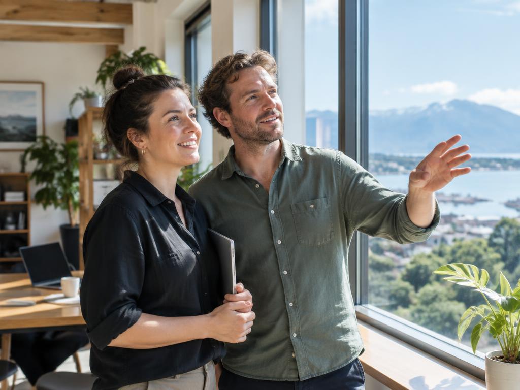 A business owner and colleague looking ahead together, discussing the future direction of their business