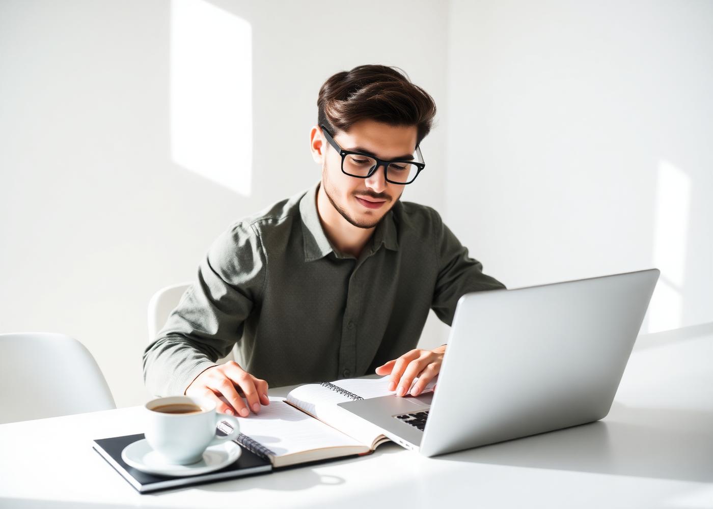 A new business owner working at a bright, minimal desk with laptop and notebook
