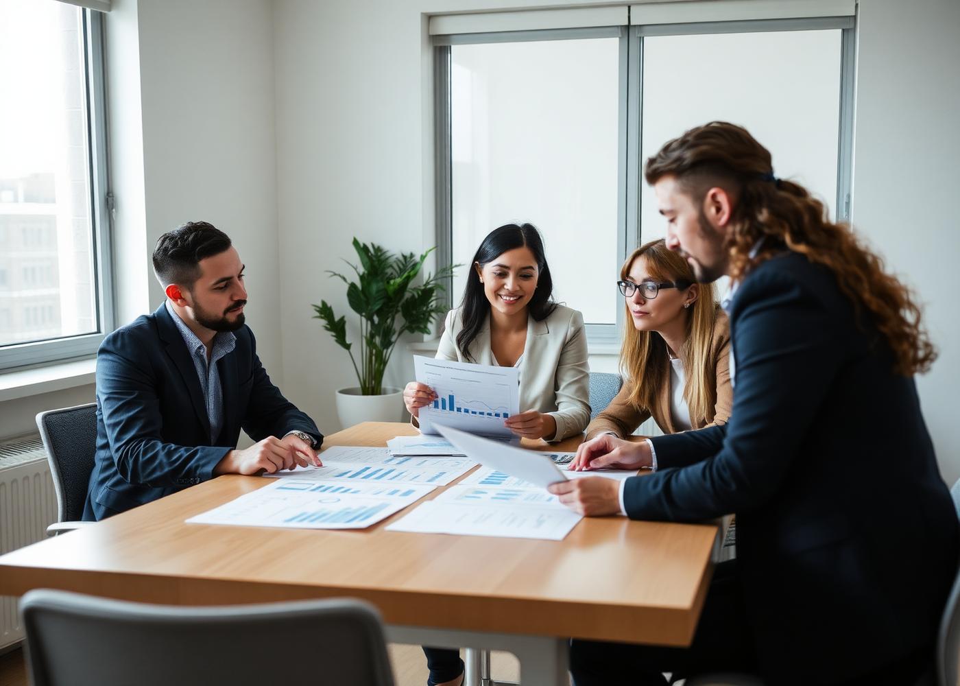 A small business team reviewing financial reports together in a modern office