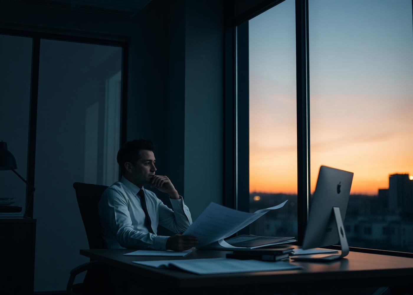 A business owner at a window desk at dusk, thoughtfully reviewing plans